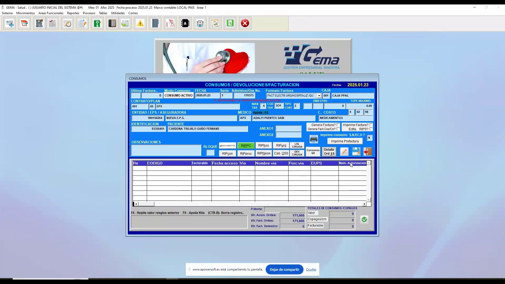 Pantalla de Consumos con casilla de generar factura seleccionada