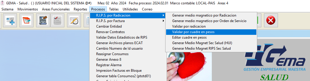 Ruta de menú Procesos > R.I.P.S. por Radicación > Validar por cuadre en pesos