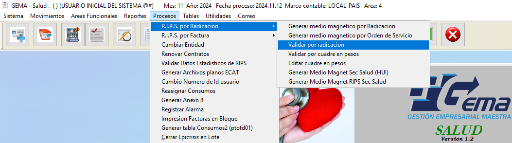 Acceso al menú Procesos > R.I.P.S. por Radicación > Validar por radicación