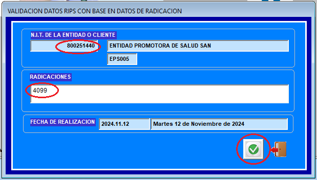 Formulario de Validación de RIPS diligenciando NIT y número de cuenta de cobro 4099