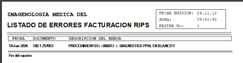 Listado de errores mostrando el número de admisión y el diagnóstico principal en blanco en Procedimientos