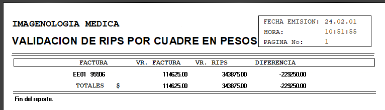 Listado de validación por cuadre en pesos evidenciando valor de factura menor al valor cargado en RIPS