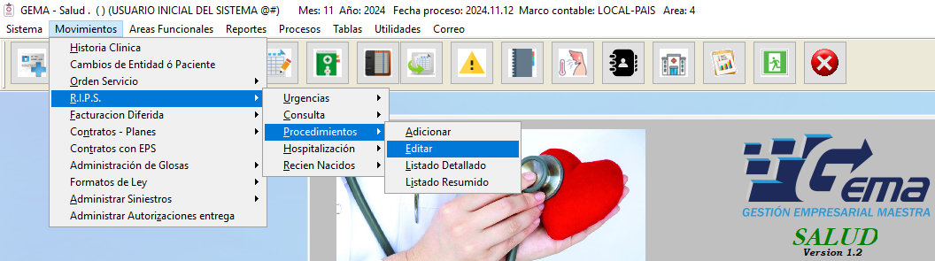 Ruta de menú Movimientos > R.I.P.S. > Procedimientos > Editar