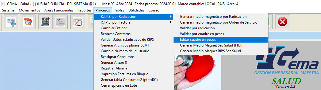 Ruta de menú Procesos > R.I.P.S. por Radicación > Editar cuadre en pesos