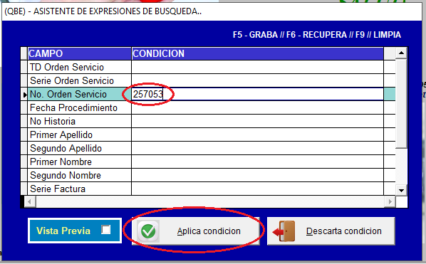 Asistente QBE filtrando por número de admisión y botón Aplica condición