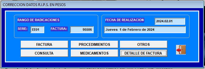Formulario Corrección Datos R.I.P.S. en Pesos con serie, número de factura y botones por categoría