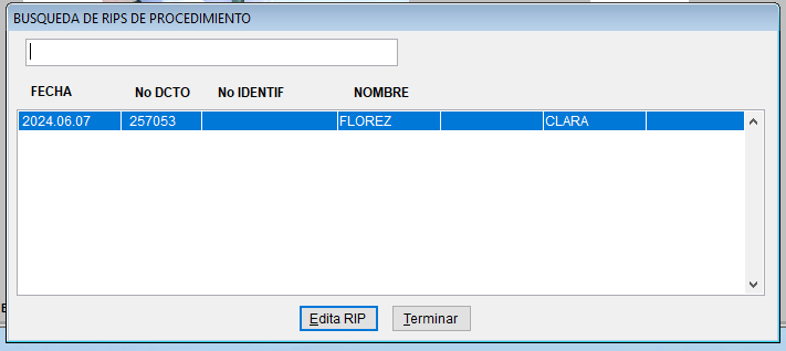 Lista de resultados de RIPS de procedimientos de la admisión y botón Edita RIP