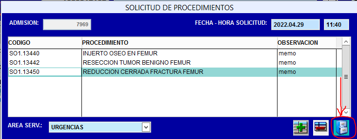 Grilla de procedimientos con ayuda F2, observaciones y botones de control