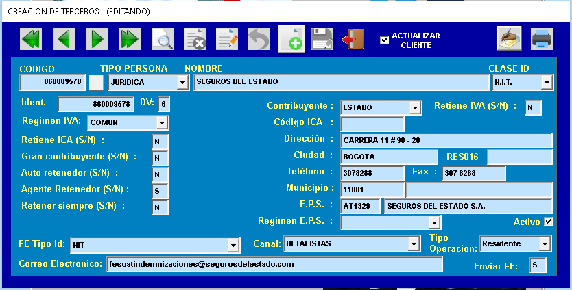 Ventana de Creación de Terceros