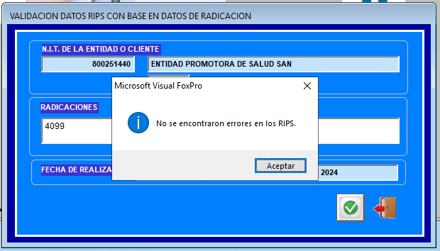 Validación exitosa confirmando que no se encontraron errores en los RIPS