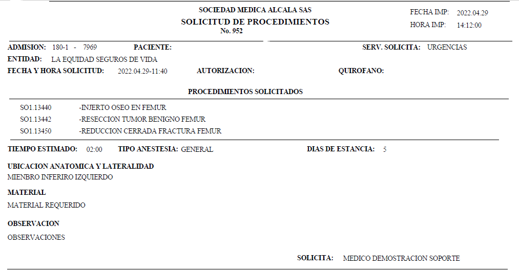 Formato oficial impreso de SOLICITUD DE PROCEDIMIENTOS
