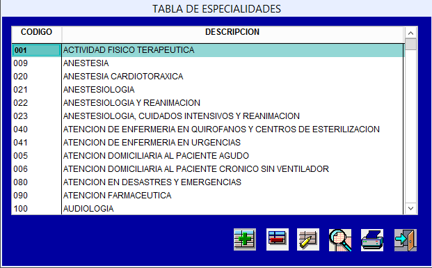 Tabla Maestra de Especialidades