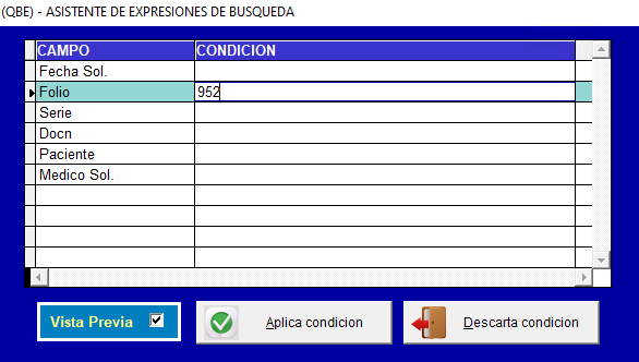 Asistente de búsqueda QBE en SOLICITUD DE PROCEDIMIENTOS RE