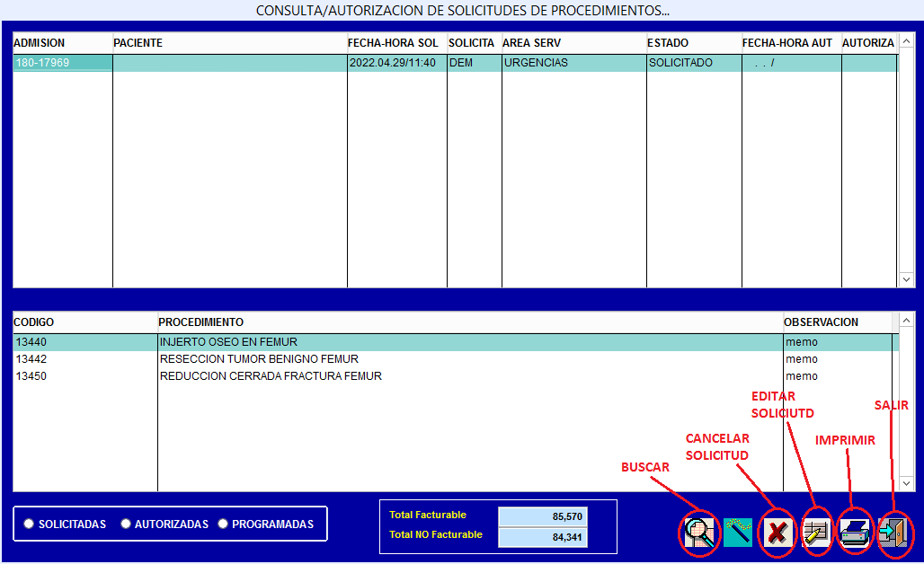 Grilla de solicitudes encontradas con opciones para cancelar, editar y reimprimir