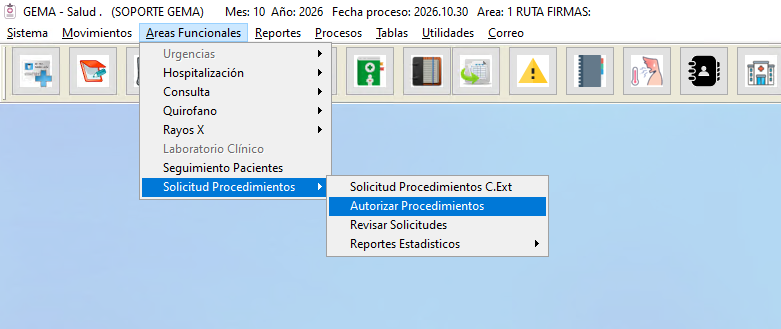 Ruta de menú en Gema Salud para Autorización de Procedimientos