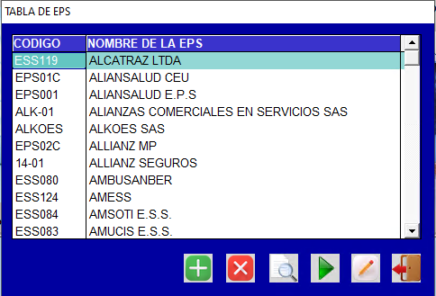 Listado de entidades en la ventana E.P.S.