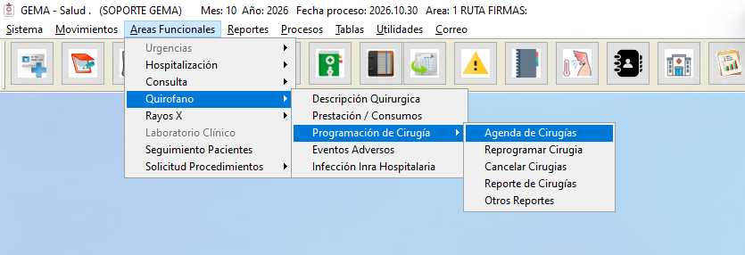 Ruta de menú para ingresar a Agenda de Cirugías en Gema Salud