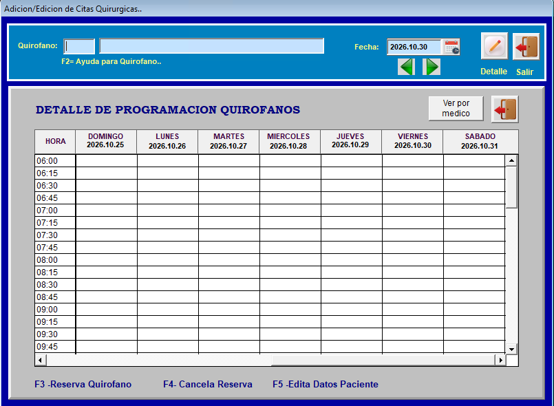 Pantalla principal de Agenda de Cirugías