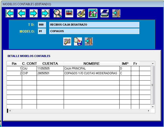 Pantalla de creación y edición de Modelos Contables en el Módulo de Contabilidad