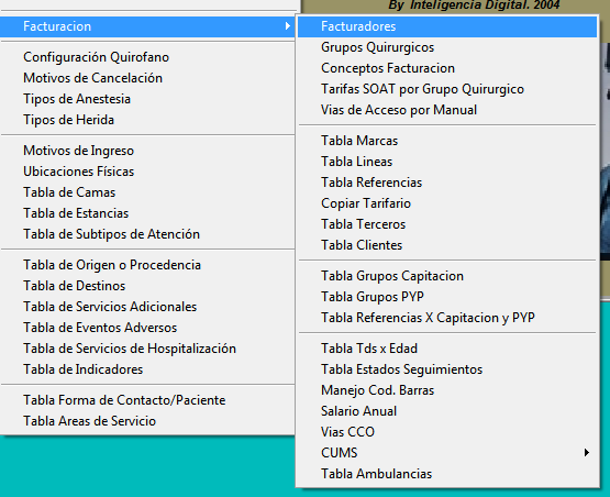 Submenú Tablas > Facturación