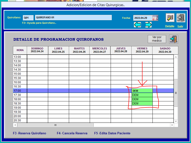 Grilla de Agenda de Cirugías con los bloques horarios reservados tras guardar