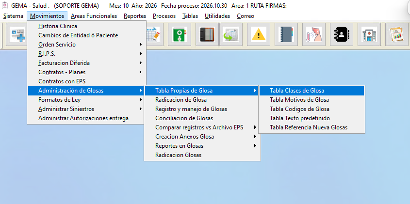 Estructura de menú en Gema Salud para Clases, Motivos y Códigos de Glosa
