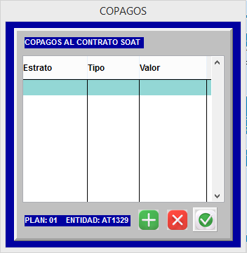 Ventana de definición de Copagos por categoría o estrato en el contrato
