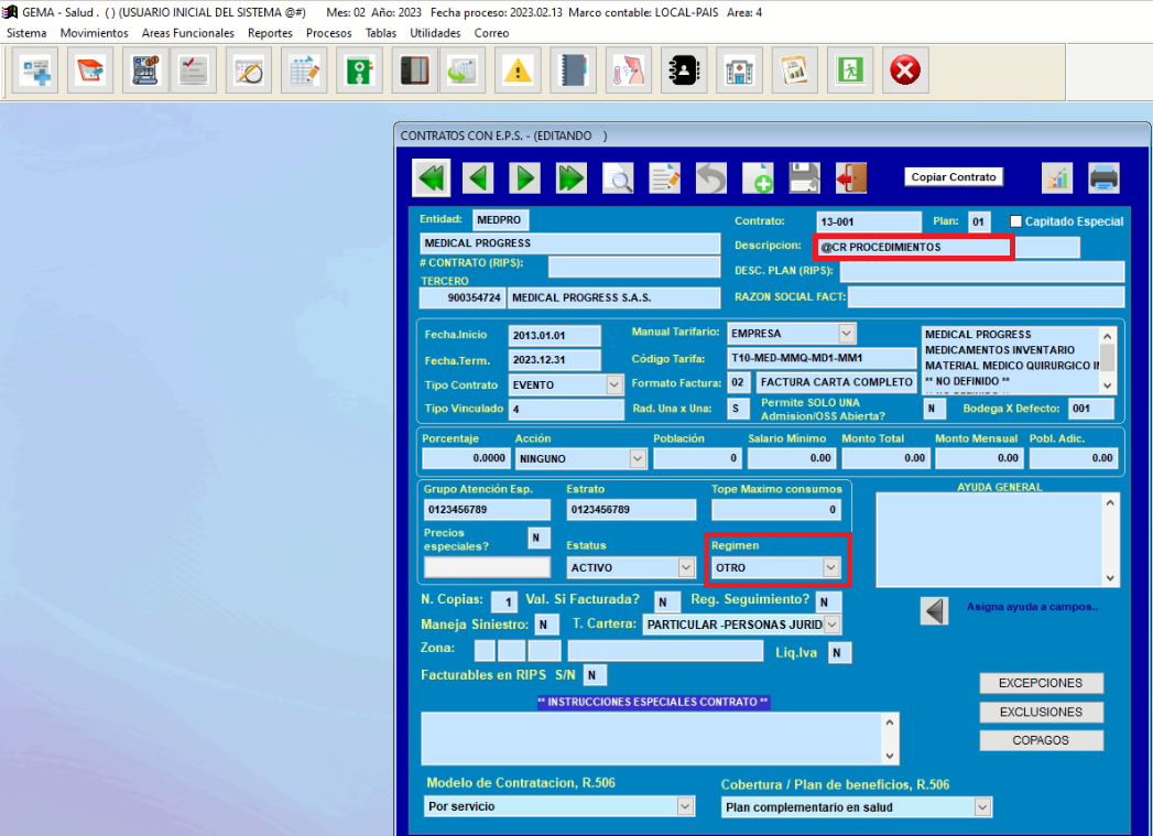 Configuración de contrato especial a nombre de un médico con sigla @CR o @EF