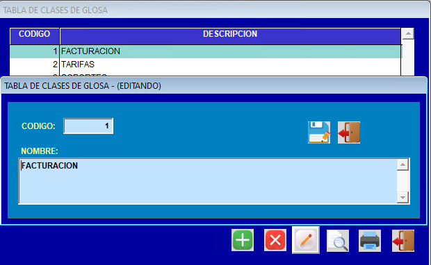 Pantalla de Clases de Glosa preestablecidas en el sistema