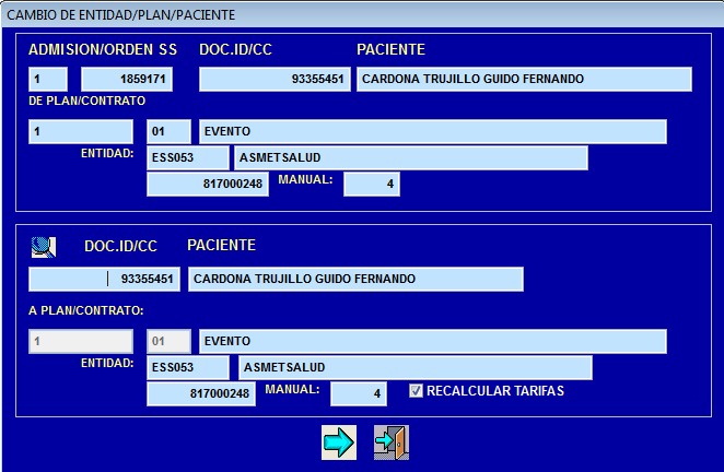 Formulario de Cambios de Entidad/Paciente y opción Recalcular Tarifas