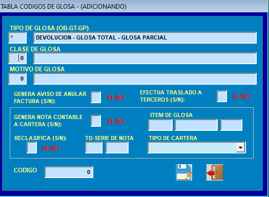 Asociación inicial de la Clase de Glosa en Códigos de Glosa