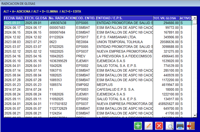 Pantalla con el listado de radicaciones de glosas registradas en la IPS