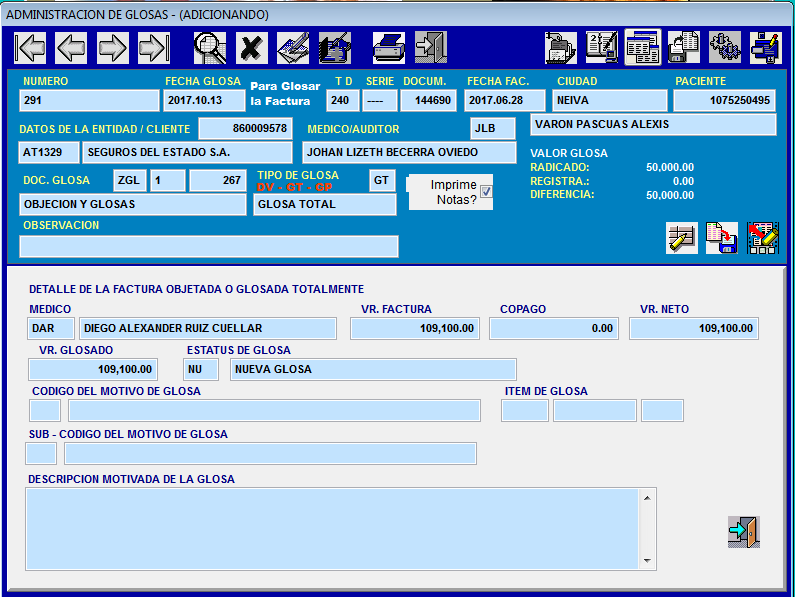 Pantalla de detalle global para Devolución DV o Glosa Total GT