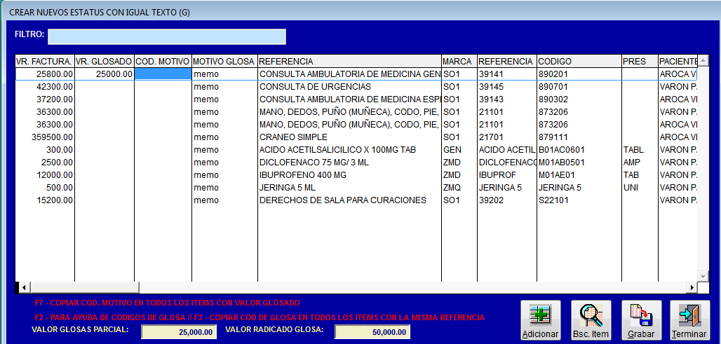Consulta y selección con F2 del Código de Glosa en Glosa Parcial