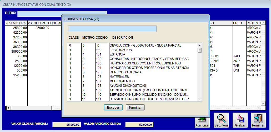 Editor emergente con F2 para escribir el motivo de glosa de la EPS