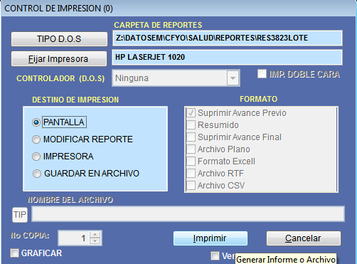 Ventana Control de Impresión para generar el archivo o impresión por lotes de la Resolución 3823
