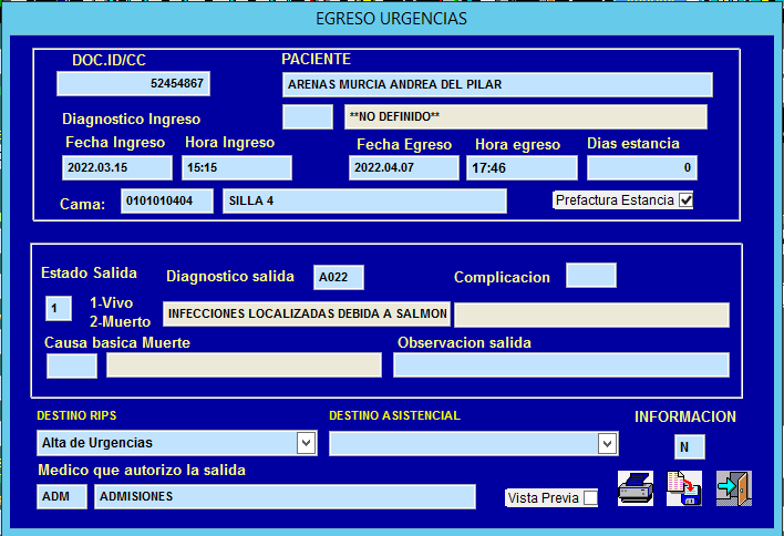 Formulario de Egreso del Paciente en Gema Salud