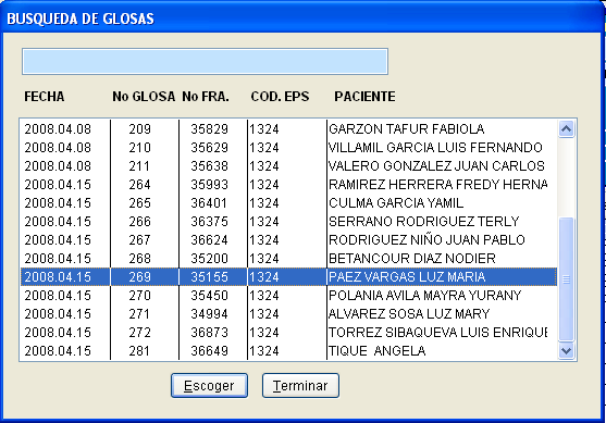 Listado de resultados de búsqueda listo para seleccionar con Escoger