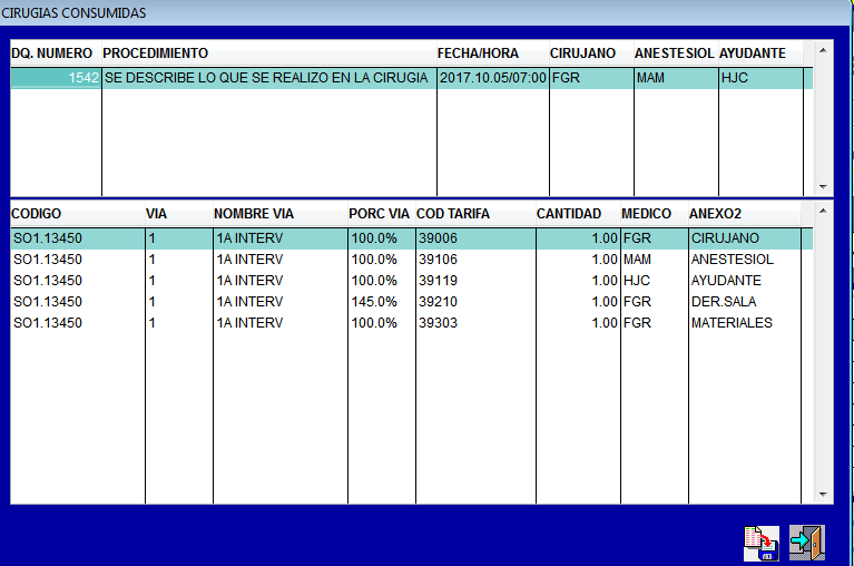 Pantalla con las cirugías liquidadas y sus ítems consumidos