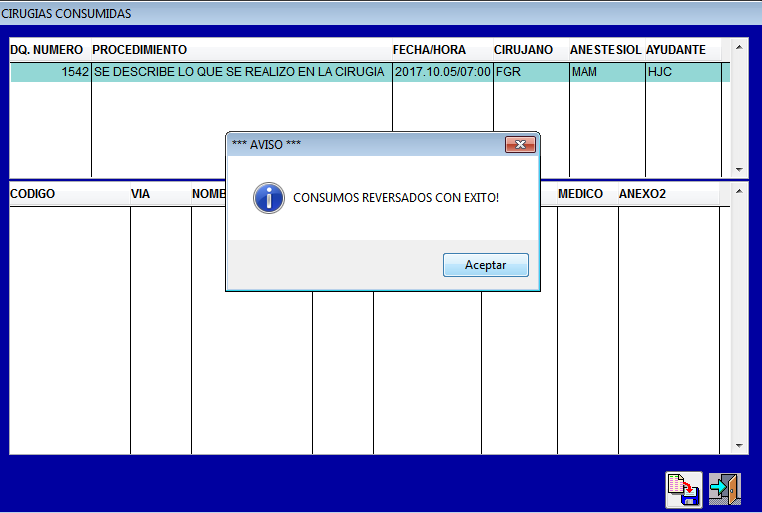 Confirmación en pantalla de consumos de cirugía devueltos con éxito
