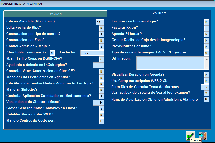 Parámetro Control Admisión - Rcaja configurado en S en la página 2