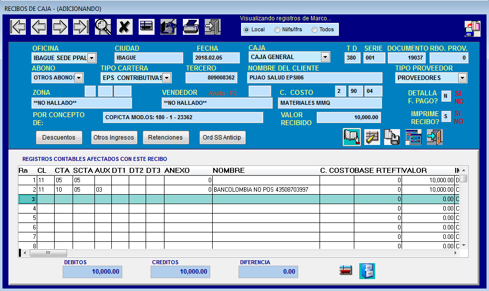 Recibo de caja completado y enlazado con el número de orden de servicio