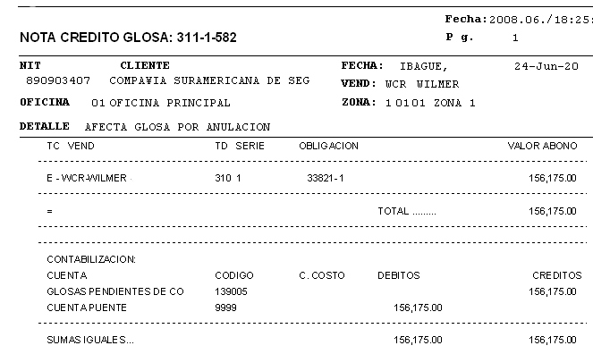 Nota contable generada para disminuir el valor de la glosa en cartera