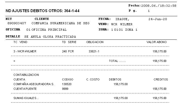Nota generada para restablecer el valor original de la factura en cartera