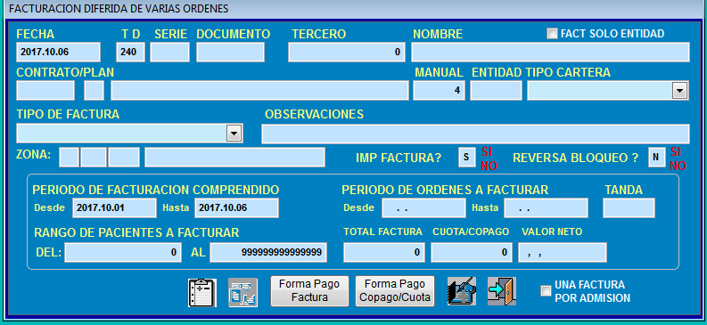Formulario principal de Facturación Diferida de varias órdenes