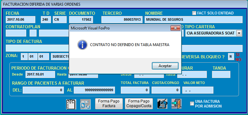 Mensaje informativo Contrato no definido en tabla maestra