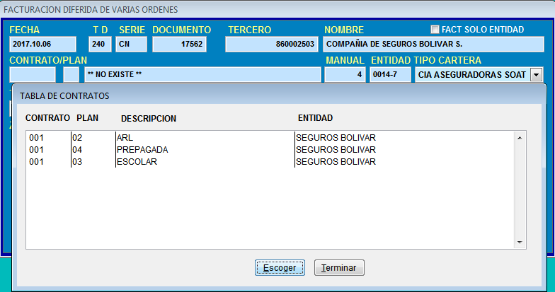 Consulta de contratos asociados al tercero mediante F2