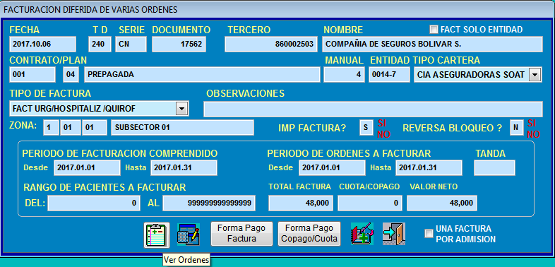 Ventana Ver Órdenes para revisar o desmarcar admisiones del lote