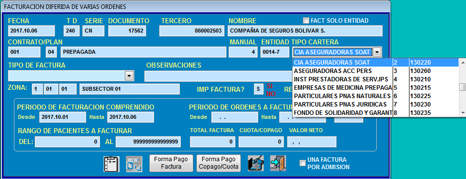 Configuración de Tipo de Cartera, Tipo de Factura y Observaciones