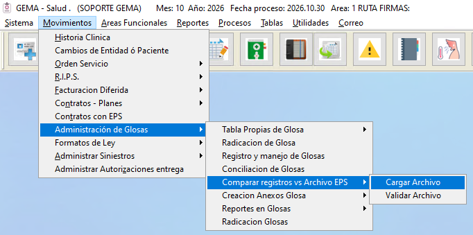 Menú Comparar Registros Vs Archivo EPS con opciones de carga y validación